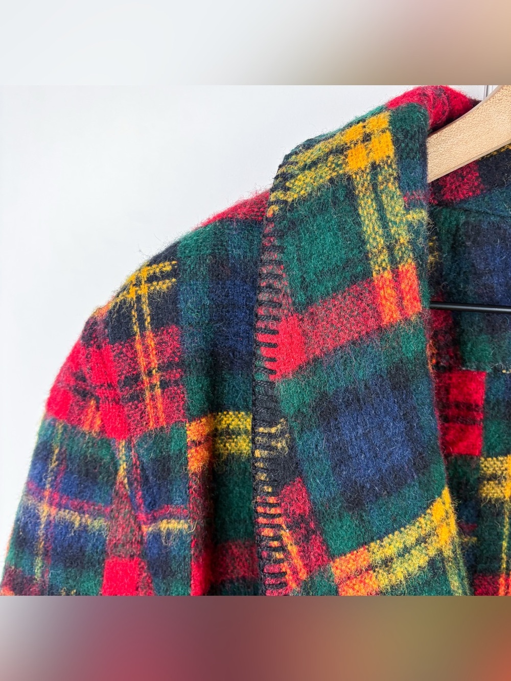 L.L. Bean Vintage Wool Tartan Madras Plaid Coat Oversized Shawl Collar Large - Picture 4 of 6